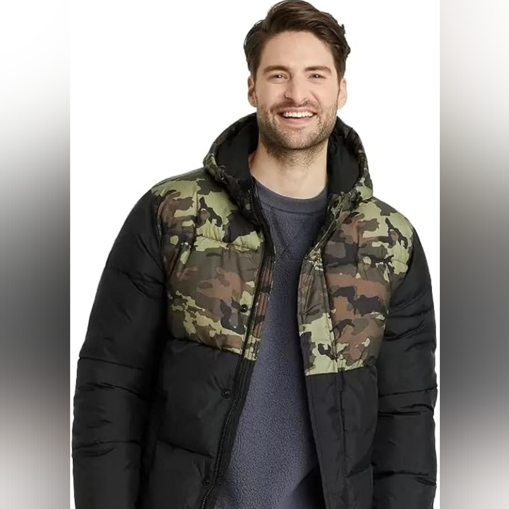Men's Camouflage and Black Puffer Jacket XL Army Color block